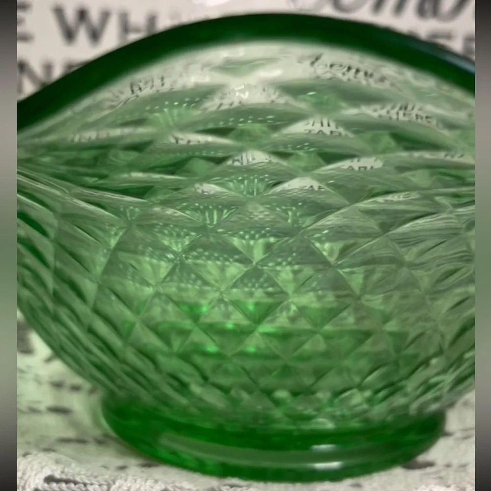 Vintage Emerald Green Diamond Point Art Glass Basket Bowl 12”